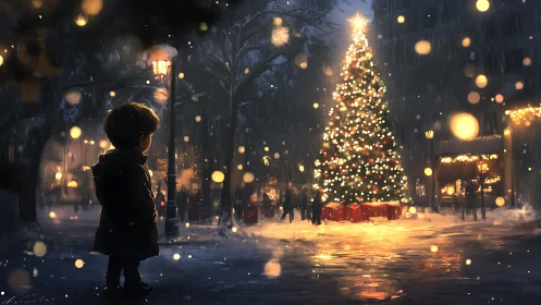 Child watching glowing Christmas tree in snowy city square.