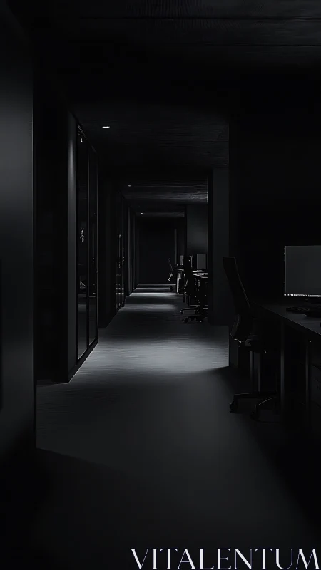 Midnight office corridor hums softly in silver-edged shadow