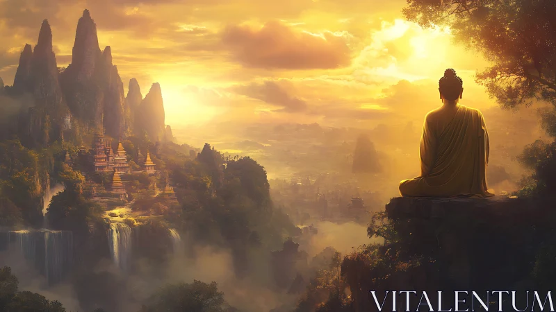Golden dawn meditates above misty temple waterfalls
