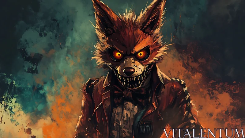 Sinister anthropomorphic fox portrait with infernal chromatic fire