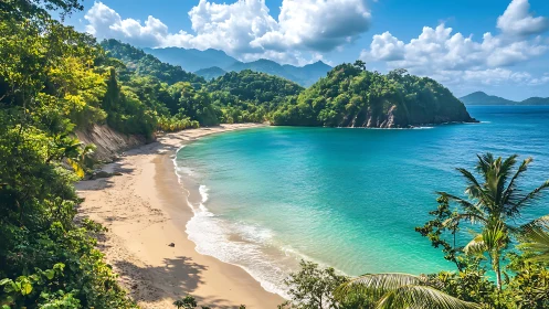 Tropical Paradise Beach with Lush Greenery and Turquoise Waters.