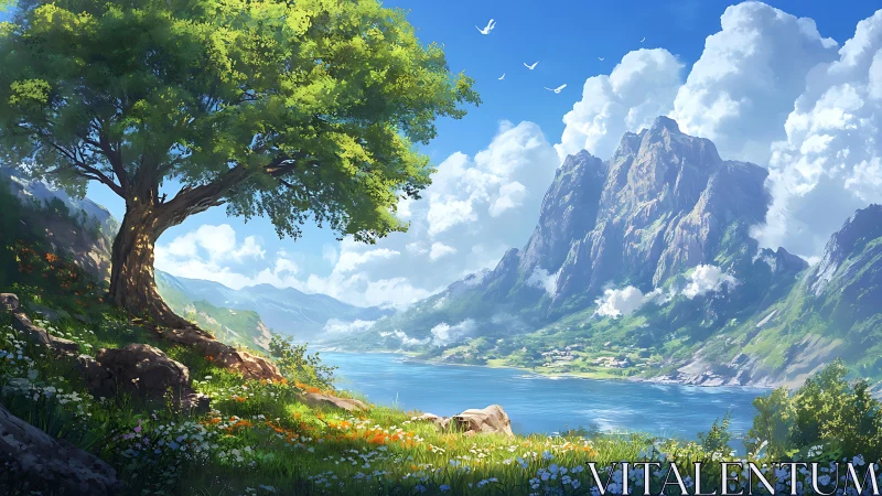 Sunlit alpine lake valley under towering cloud-wrapped peaks.