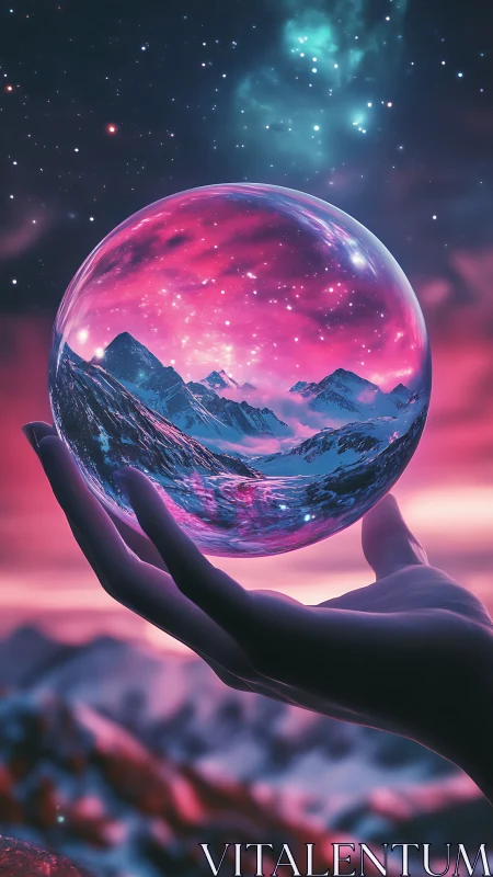 Cosmic crystal sphere cradling neon mountain vista dreamscape.