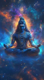 Cosmic blue deity in meditative pose framed by nebular light