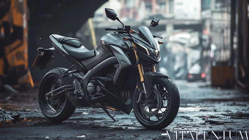 Modern sport motorcycle parked on wet urban street at dusk.