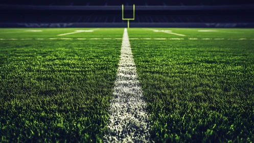 Quiet football field line leading toward distant goalpost.