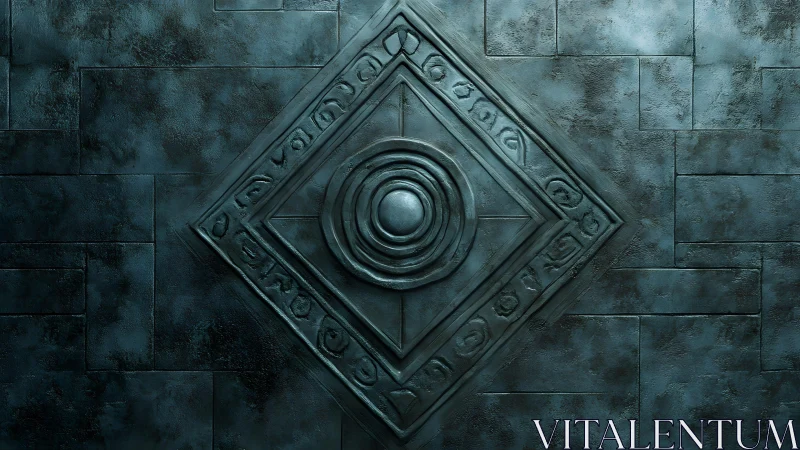 Ancient stone wall with embossed geometric symbol in dark tones.