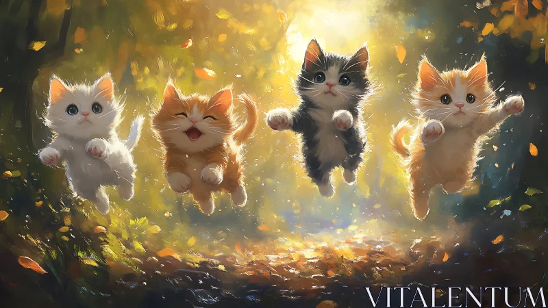 Four Kittens Playing in Autumn Light.