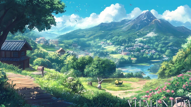 Rural valley landscape with distant mountain and river view.