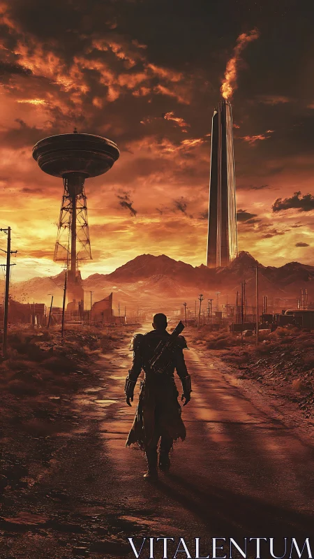 Lone wanderer strolling toward a glowing post‑apocalyptic city.