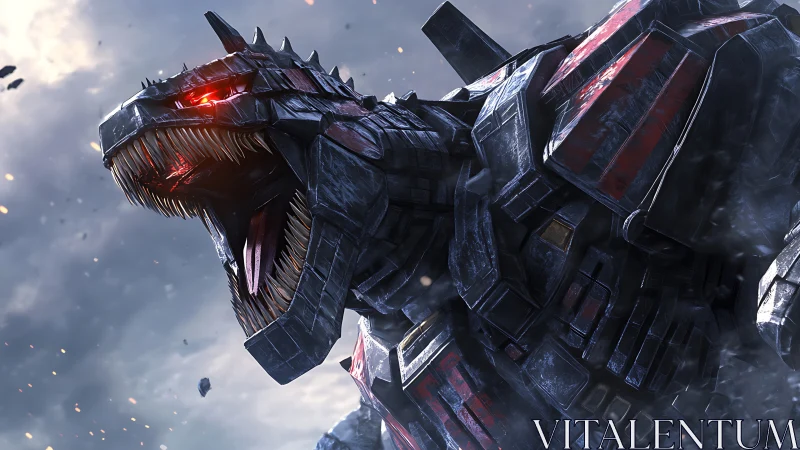 Armored mechanical dragon roars amid storming battlefield