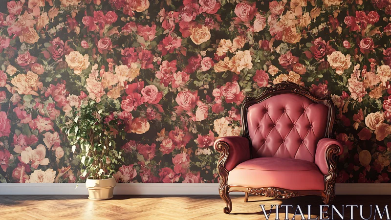Victorian pink leather armchair against dense floral wallpaper