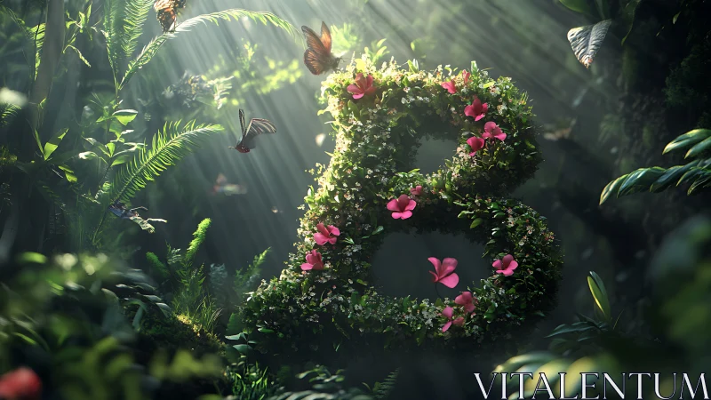 Lush letter B of greenery and pink flowers in forest light.