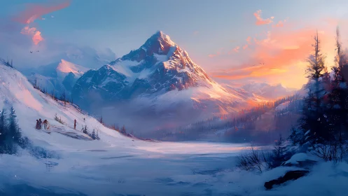 Digital painting of alpine sunrise with expansive snowfield.