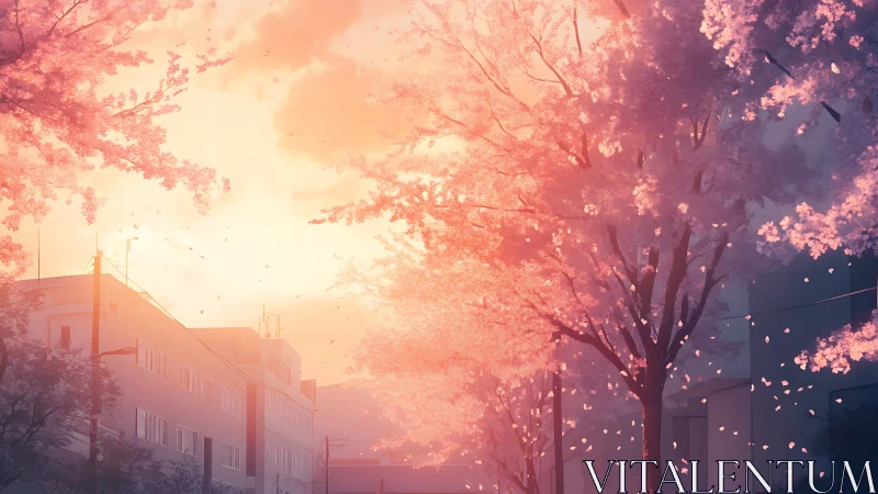 Cherry blossoms glow over quiet city street at sunset.