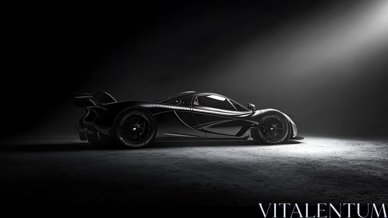 Carbon black hypercar profile under dramatic spotlight.