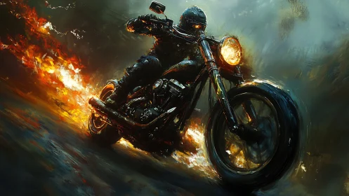 Motorcyclist rides through flames on wet reflective roadway