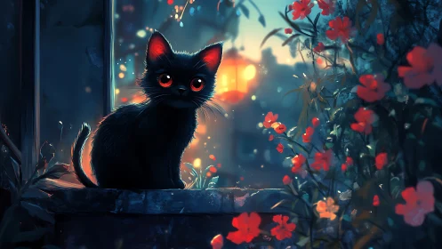 Black Cat with Glowing Eyes Among Red Flowers.