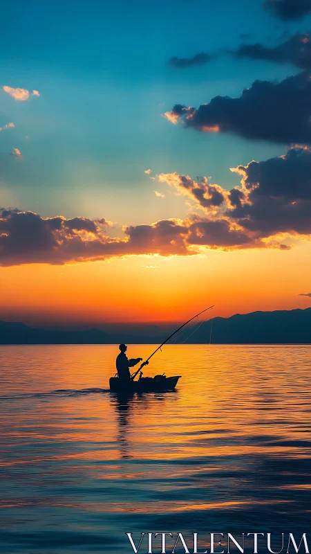 Silhouette fisherman rows under blazing orange lake sunset.