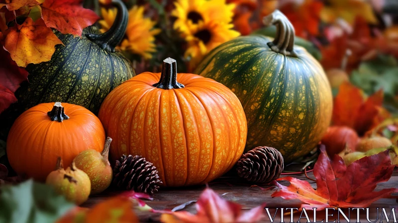 Photorealistic autumn still life with pumpkins and foliage.