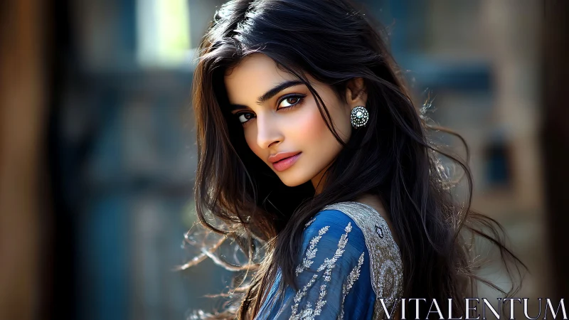 Elegant woman in traditional blue attire, cinematic portrait style.