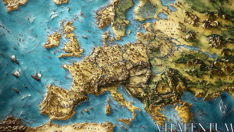 Textured 3D relief map of Europe with stylized coastlines and seas.