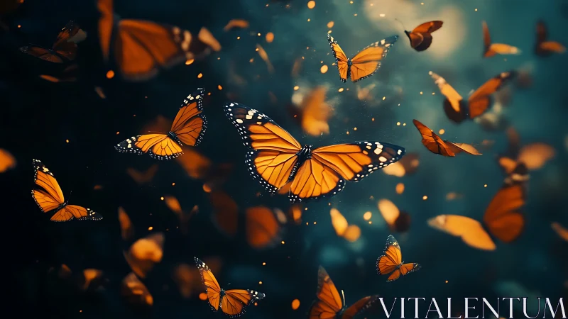 Digital painting of monarch butterflies in luminous drift.