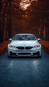 Front-axial sports coupe framed by compressed telephoto forest corridor