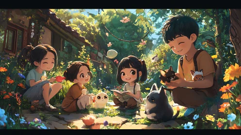 Children sitting in garden with animals and illustrated book.