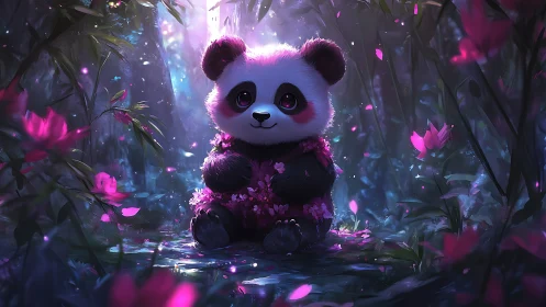 Cute baby panda in glowing flower forest at night.