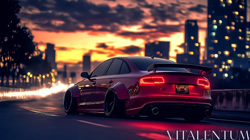 Red tuned Audi glows against a neon city sunset skyline