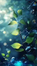 Green leaves with water droplets in soft blue bokeh light.