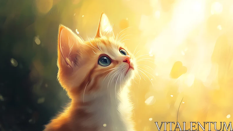 Digital painting of kitten in luminous golden backlight.