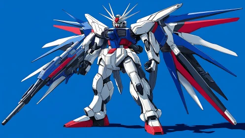 Starlit mecha hero standing bold against clear blue sky.