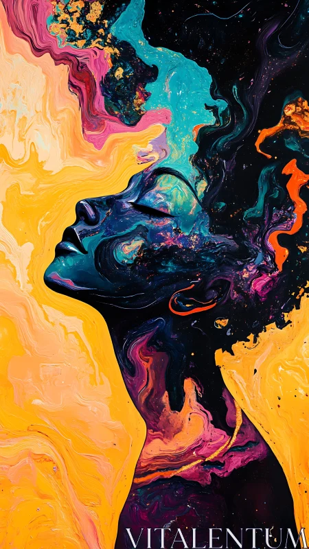 Profile silhouette merges with fluid multicolor abstract field