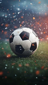 Textured football on wet turf amid dynamic particle field.