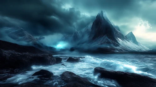Atmospheric fantasy seascape with glacial spire mountains.