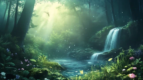 Mystical Forest Waterfall with Radiant Sunlight.