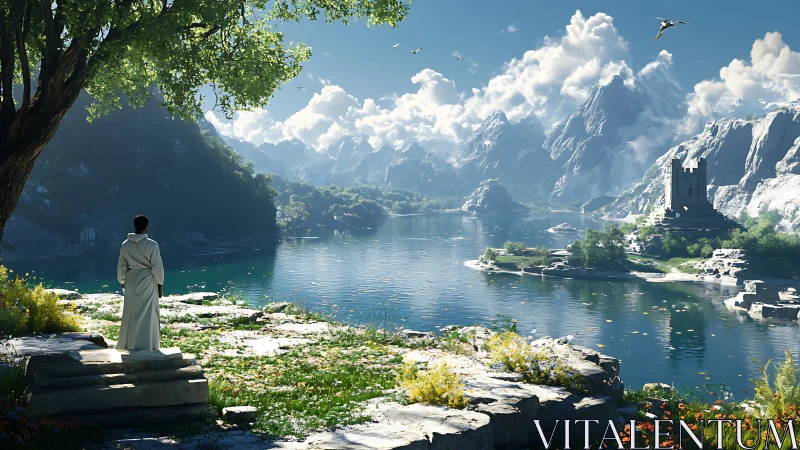 Solitary figure overlooking serene mountain lake landscape.