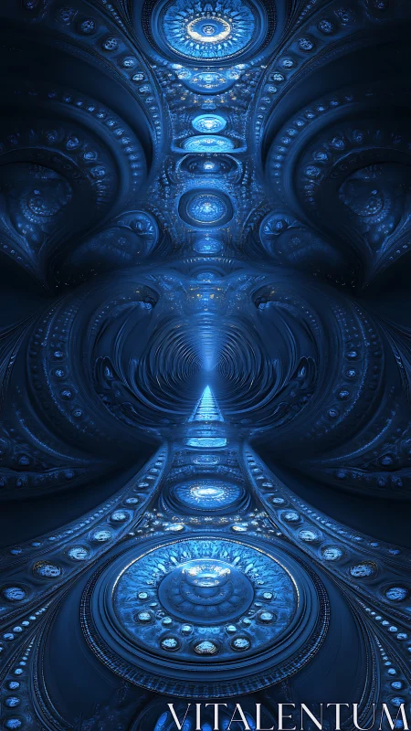 Radial blue fractal corridor recedes toward a central vanishing point