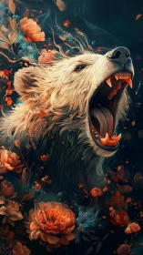 Roaring bear head emerges amid swirling orange blossoms