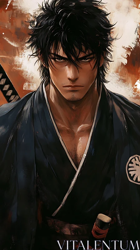 Stoic samurai warrior stares ahead with intense resolve.