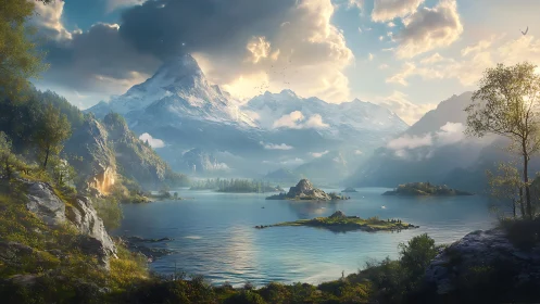 Mountain lake landscape with islands and distant peaks.