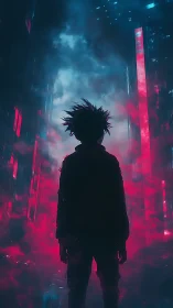 Lone dreamer walking through neon mist in a cyber city.