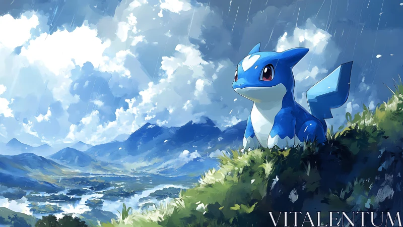 Blue creature on rainy hillside overlooking wide valley.
