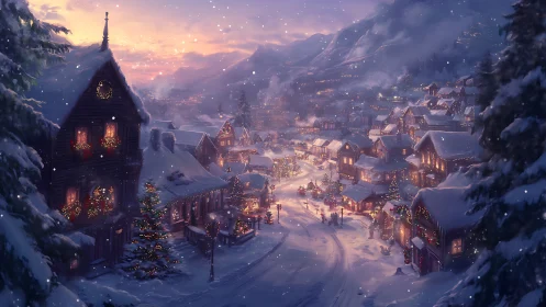 Twilight alpine village with snow-blanketed festive illumination.