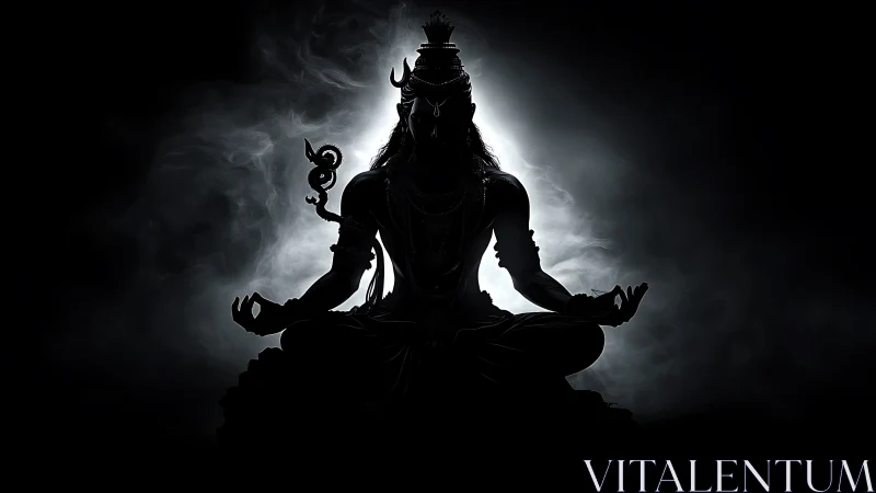 Serene shadowed deity in meditation amid swirling light.