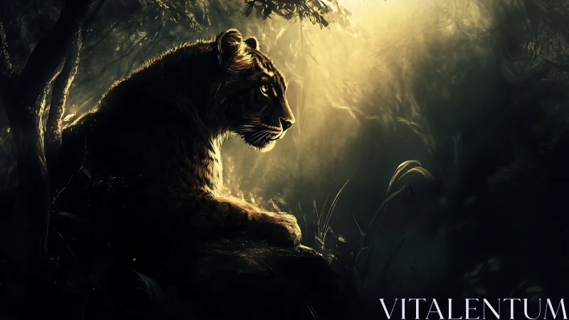 Lion resting in jungle canopy with golden light.
