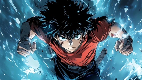 Dynamic anime hero surging forward through electric blue energy