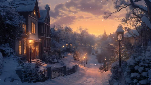Snowy village street glows beneath a tranquil winter sunset.